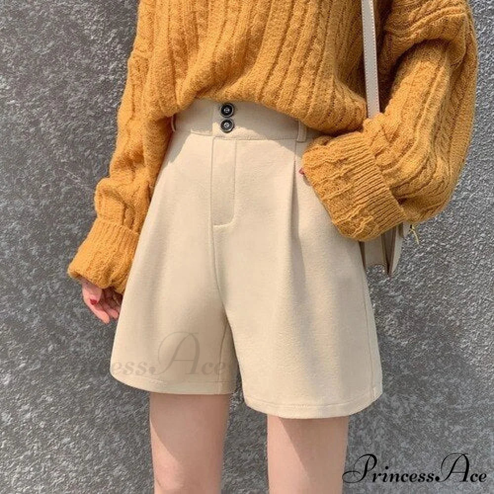 Fashion Solid Wide Leg Woolen Shorts