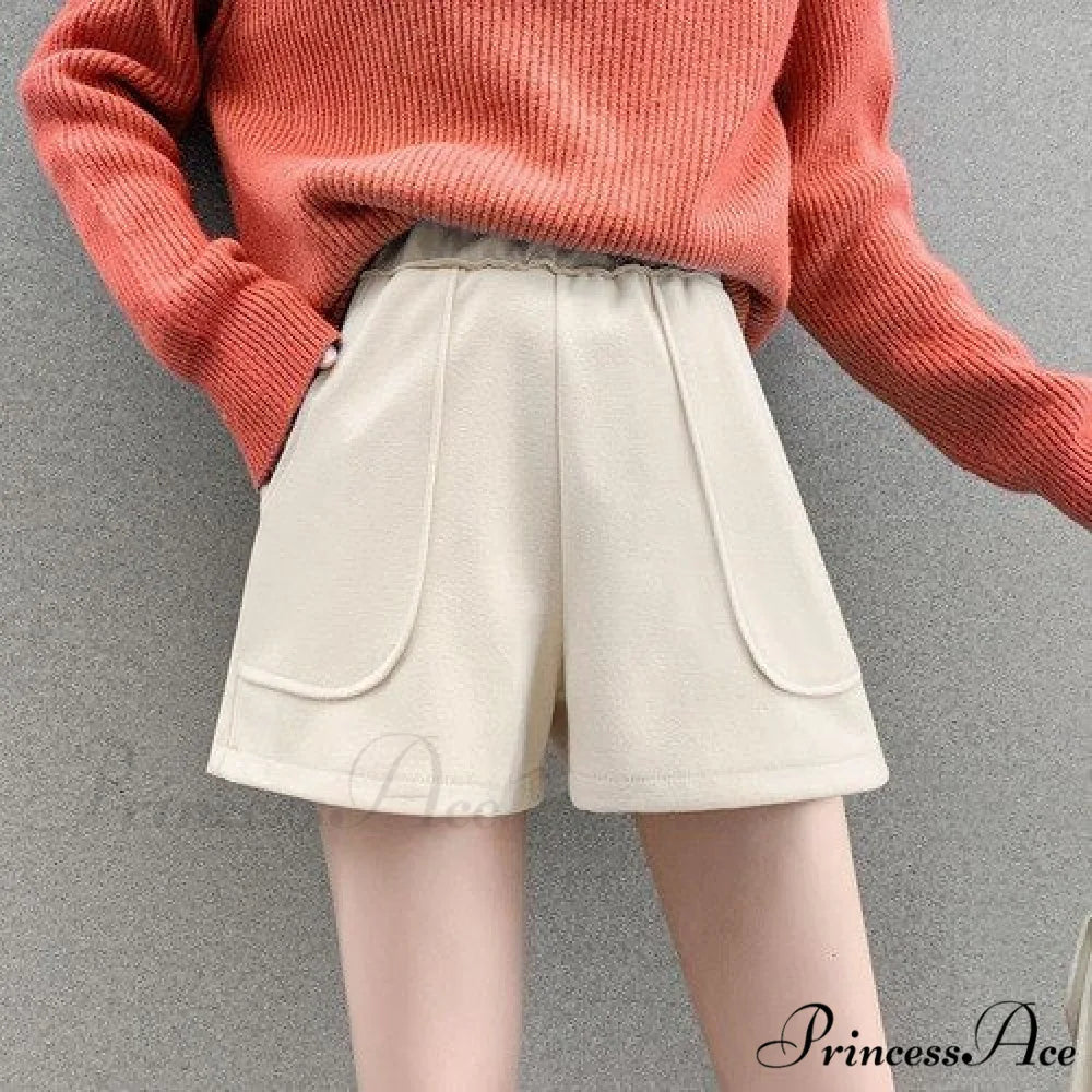 Fashion Solid Wide Leg Woolen Shorts