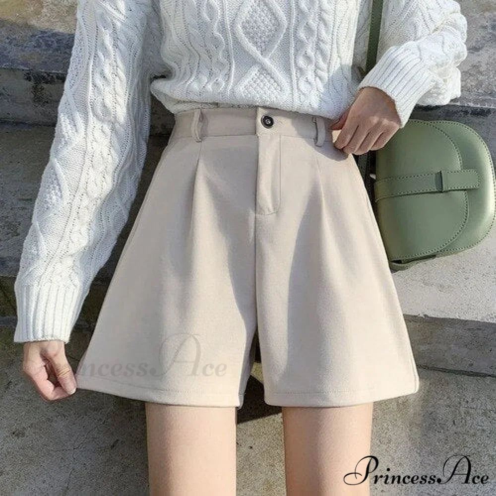 Fashion Solid Wide Leg Woolen Shorts