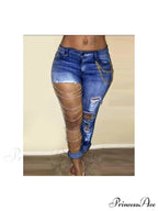 Fashion Streetwear High Waist Women With Chain Vintage Ripped Holes Skinny Pencil Bodycon Denim Jean