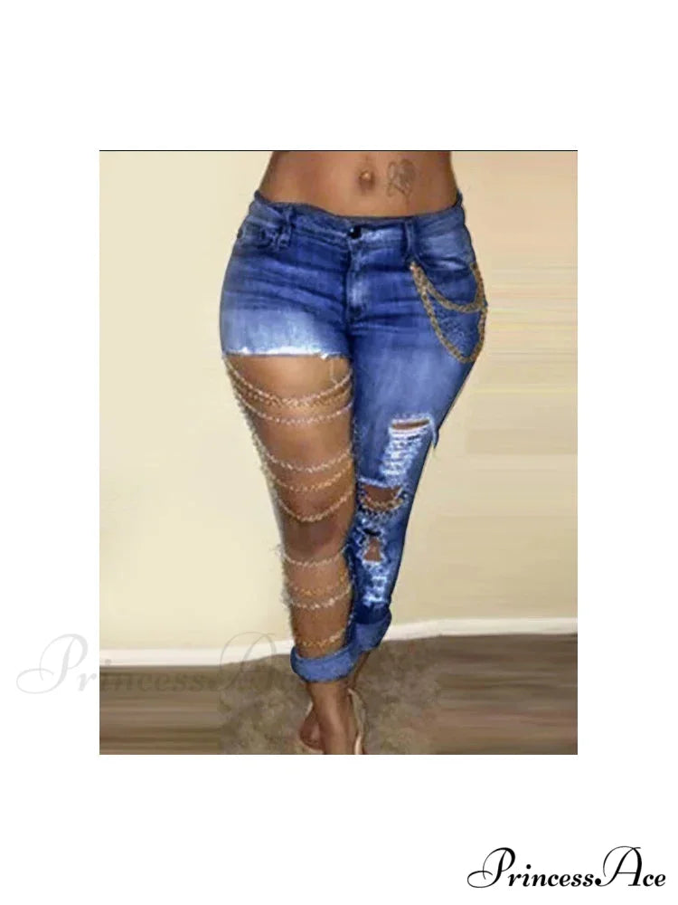 Fashion Streetwear High Waist Women With Chain Vintage Ripped Holes Skinny Pencil Bodycon Denim Jean