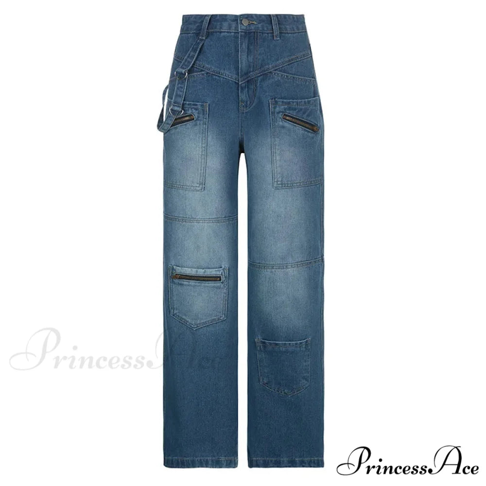 Fashion Streetwear Women Denim Trouser Loose Cargo Korean Autumn Winter Pockets Patchwork Baggy Jean