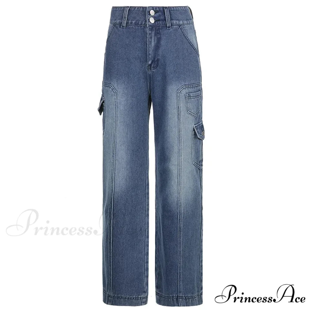 Fashion Streetwear Women Denim Trouser Loose Cargo Korean Autumn Winter Pockets Patchwork Baggy Jean