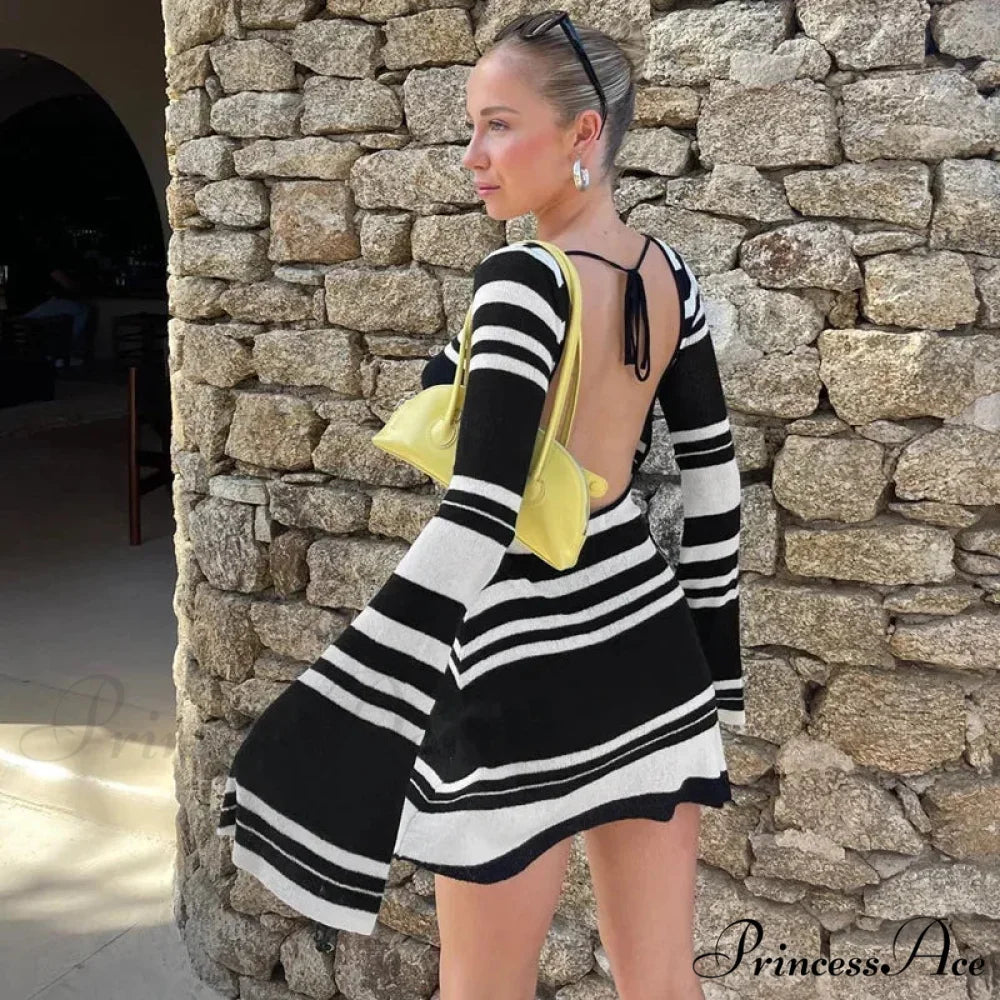 Fashion Striped Backless Mini Dress