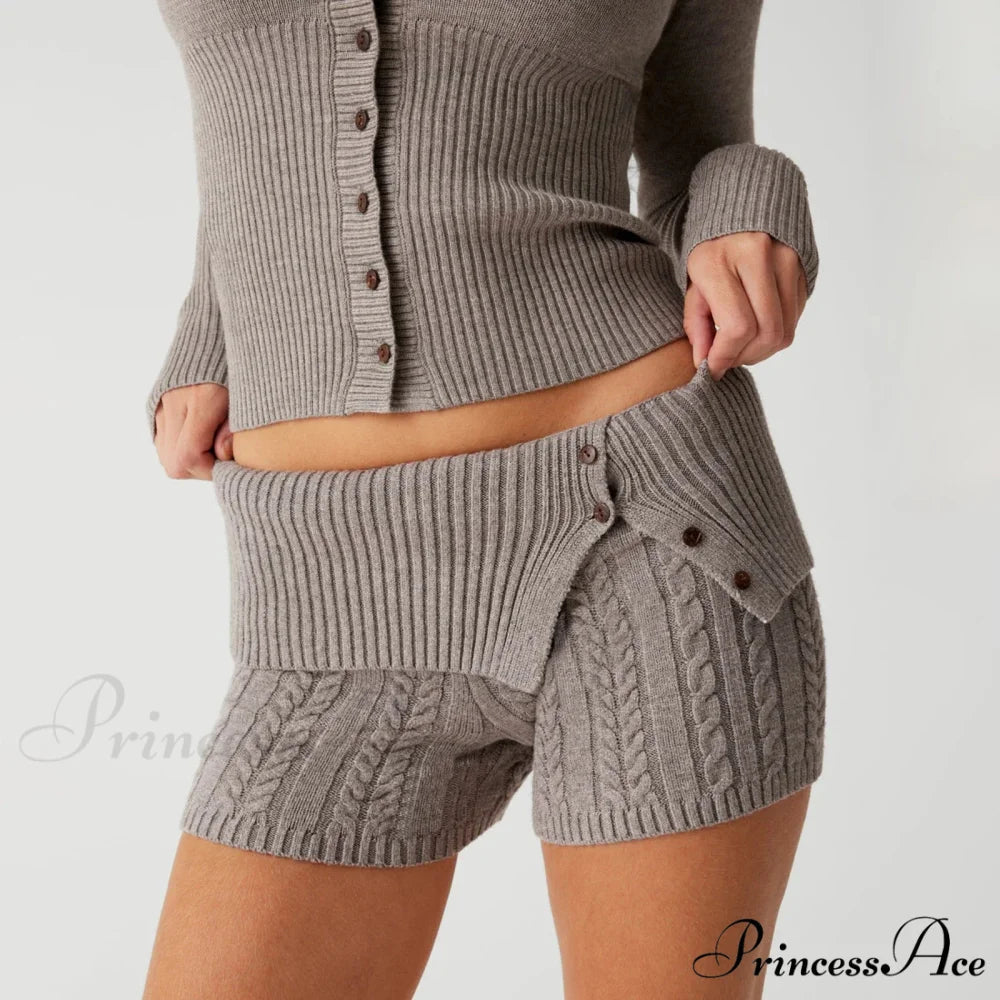 Fashion Summer Pajama Solid Color Button Cuff Cable Knit Lounge Bottoms Short
