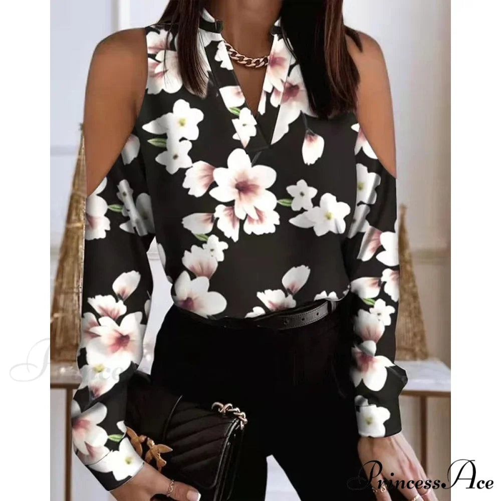 Fashion V-neck Printed Off Shoulder Loose Shirt