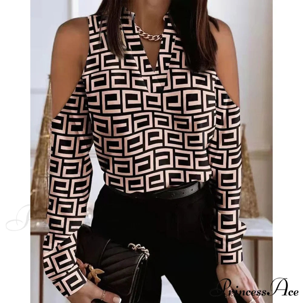 Fashion V-neck Printed Off Shoulder Loose Shirt