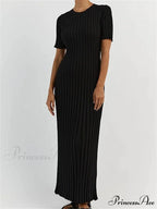 Fashion Women Solid Color Round Neck Short Sleeve Summer Tie-Up Party Ribbed Knitted Female Vestidos