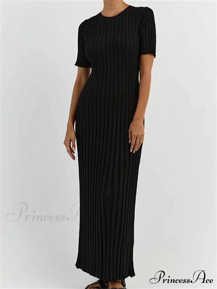 Fashion Women Solid Color Round Neck Short Sleeve Summer Tie-Up Party Ribbed Knitted Female Vestidos