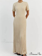 Fashion Women Solid Color Round Neck Short Sleeve Summer Tie-Up Party Ribbed Knitted Female Vestidos