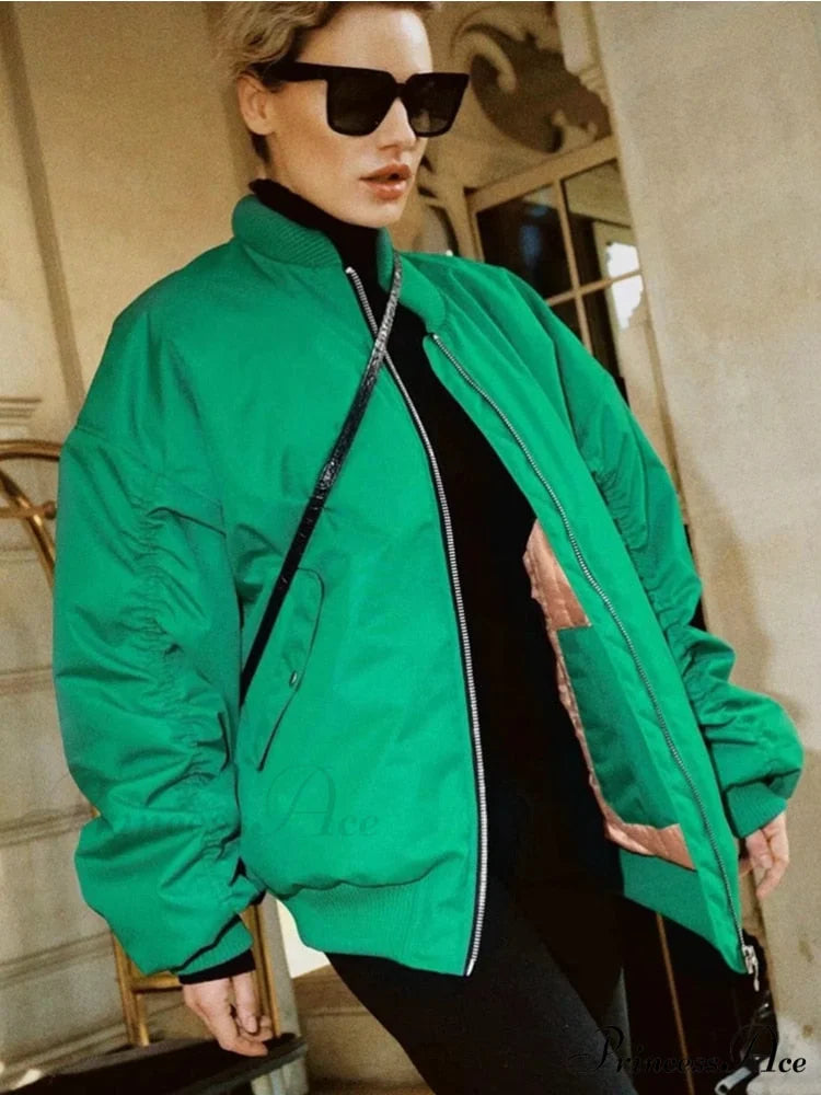 Fashion Zipper Loose Green Bomber Varsity Coat