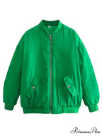Fashion Zipper Loose Green Bomber Varsity Coat