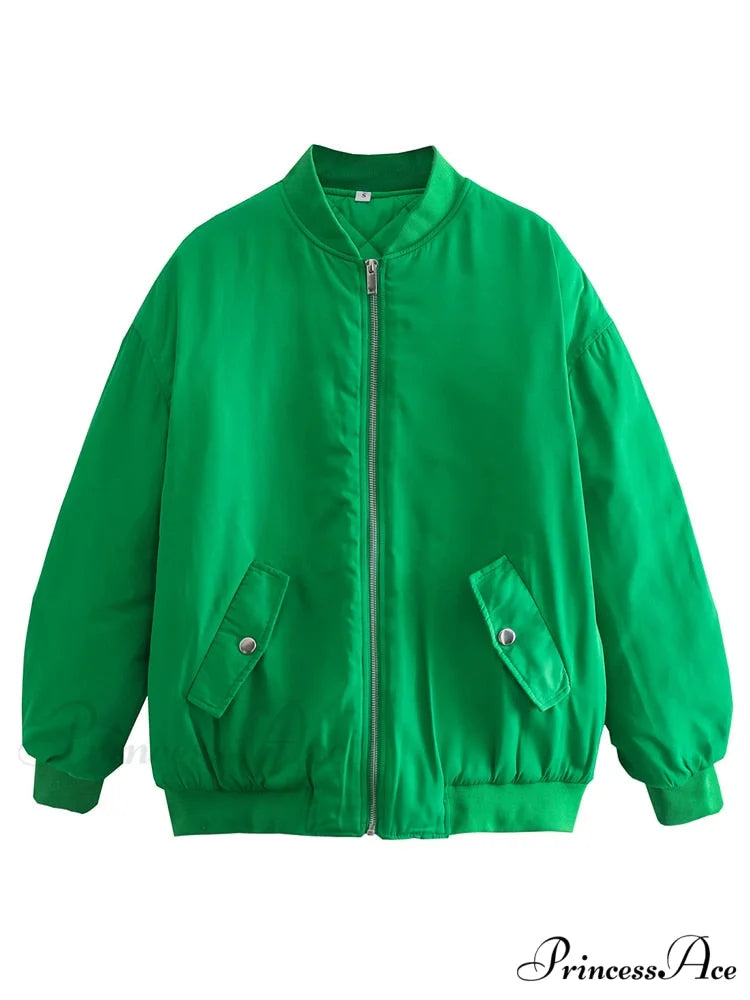 Fashion Zipper Loose Green Bomber Varsity Coat