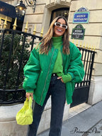 Fashion Zipper Loose Green Bomber Varsity Coat