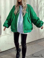 Fashion Zipper Loose Green Bomber Varsity Coat