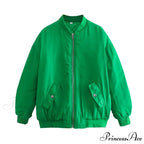Fashion Zipper Loose Green Bomber Varsity Coat