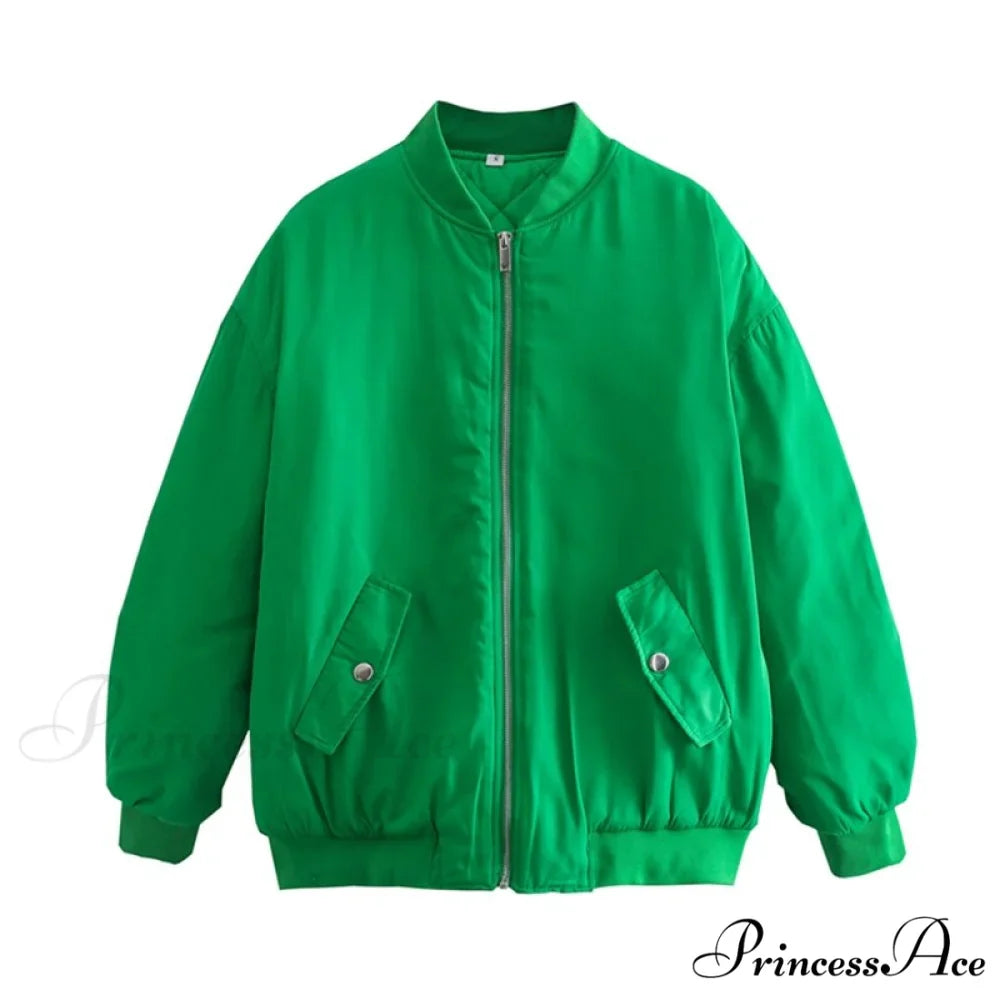 Fashion Zipper Loose Green Bomber Varsity Coat