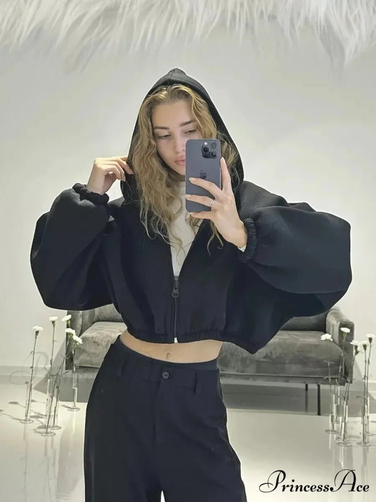 Fashionable Cropped Cozy Solid Color Loose Hoodie