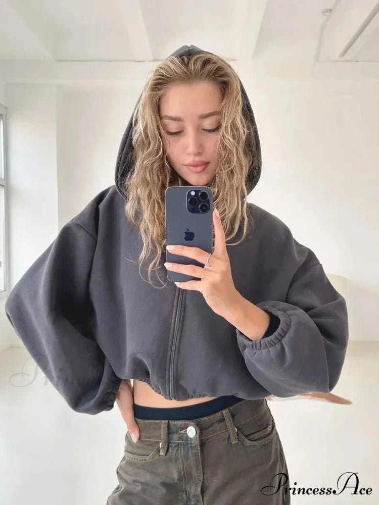 Fashionable Cropped Cozy Solid Color Loose Hoodie