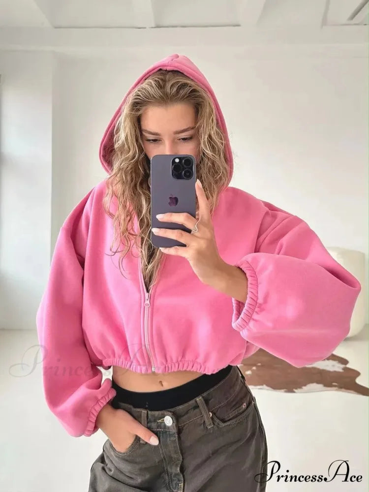 Fashionable Cropped Cozy Solid Color Loose Hoodie