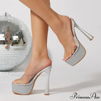 Fashionable Glittering Sexy Open-Toe Stripper Transparent Platform Slipper Sleek Modern Chic High Heel