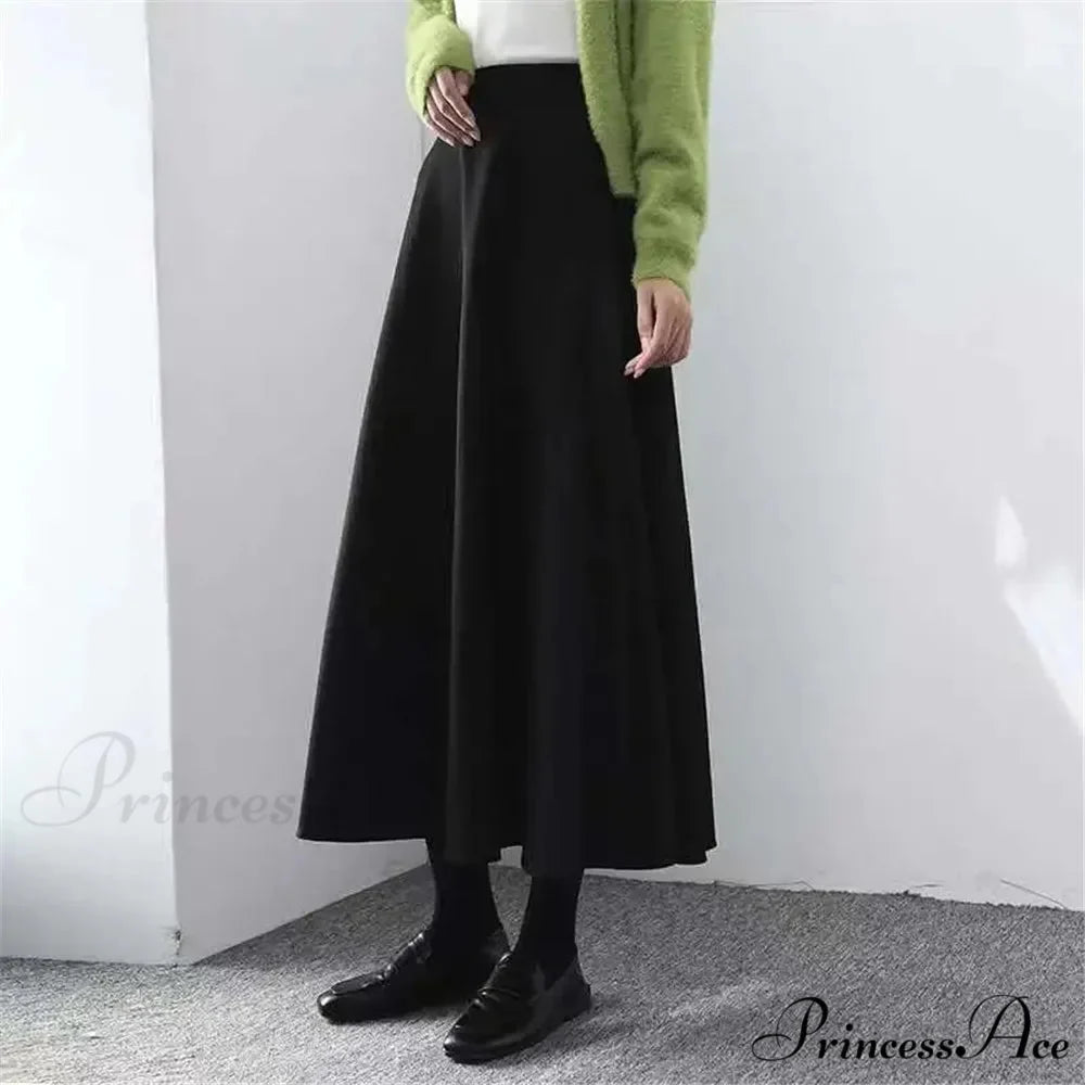 Fashionable High Waist Warm Basic Black Casual Thick Chic Maxi Skirt