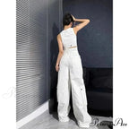 Fashionable White Cargo Jeans Wide Leg Trousers