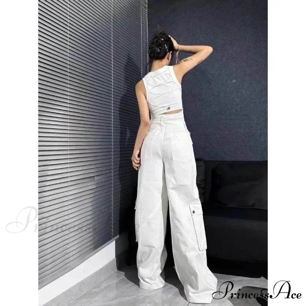 Fashionable White Cargo Jeans Wide Leg Trousers