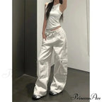 Fashionable White Cargo Jeans Wide Leg Trousers