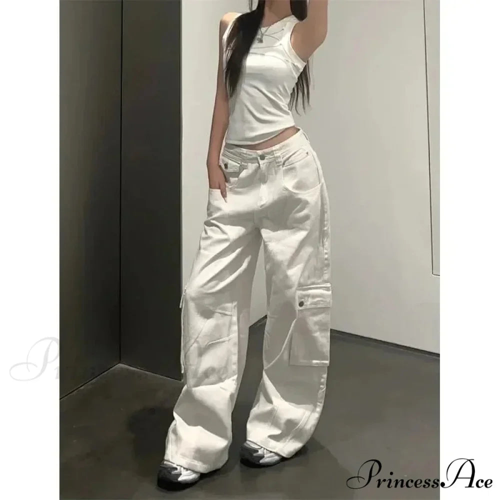 Fashionable White Cargo Jeans Wide Leg Trousers