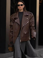 Fastener Lapel Leather Coat