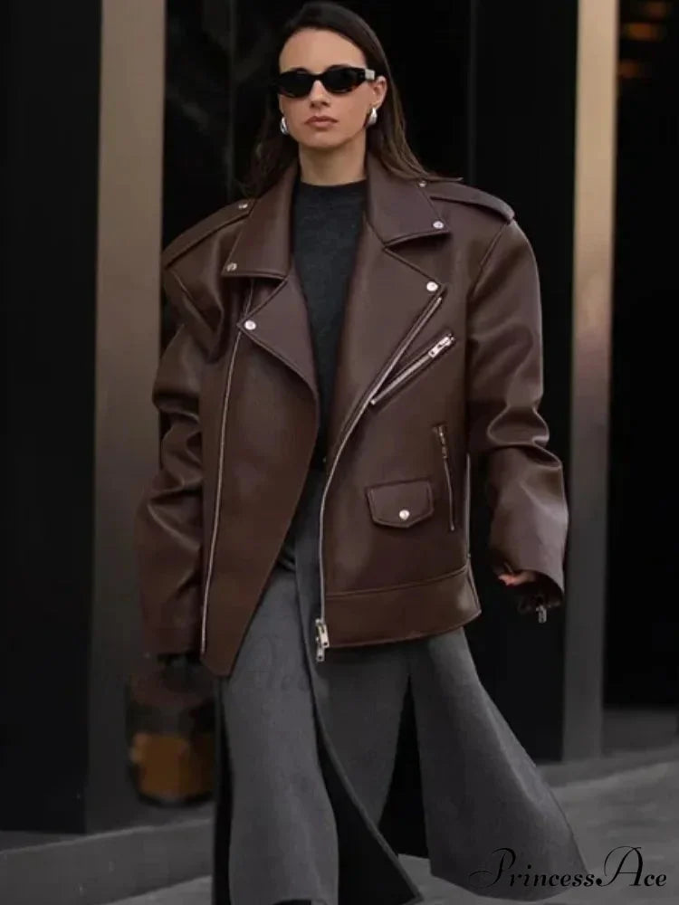 Fastener Lapel Leather Coat