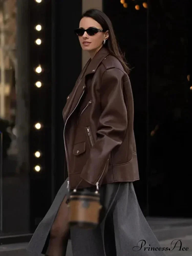 Fastener Lapel Leather Coat