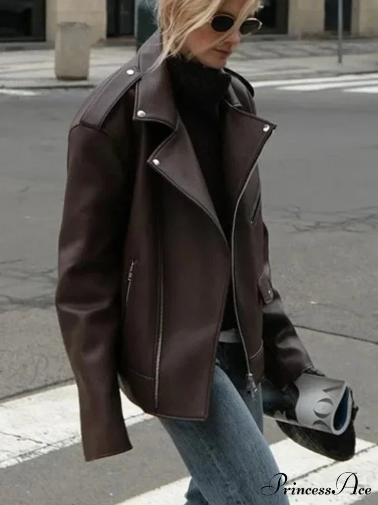 Fastener Lapel Leather Coat