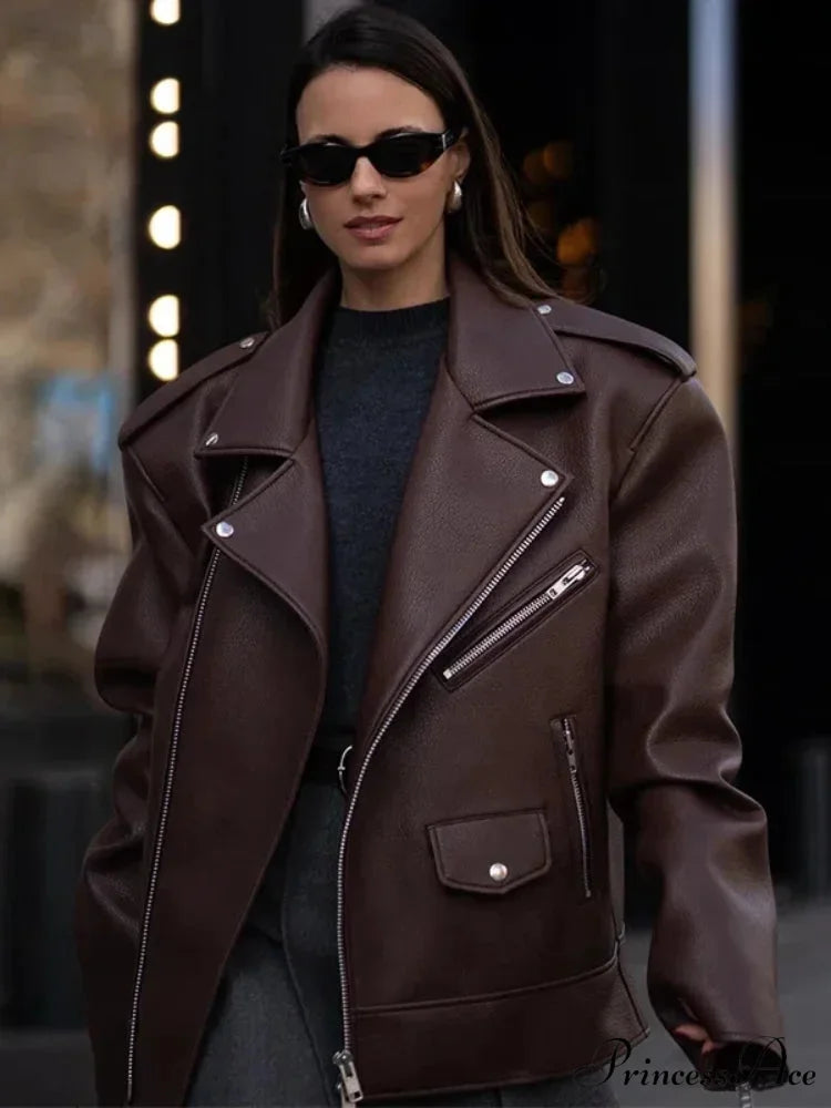 Fastener Lapel Leather Coat