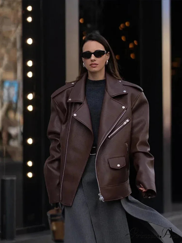 Fastener Lapel Leather Coat