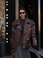 Fastener Lapel Leather Coat