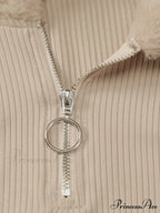 Faux Fur Trim Rib Modern Knit Long Sleeve Mini Dress