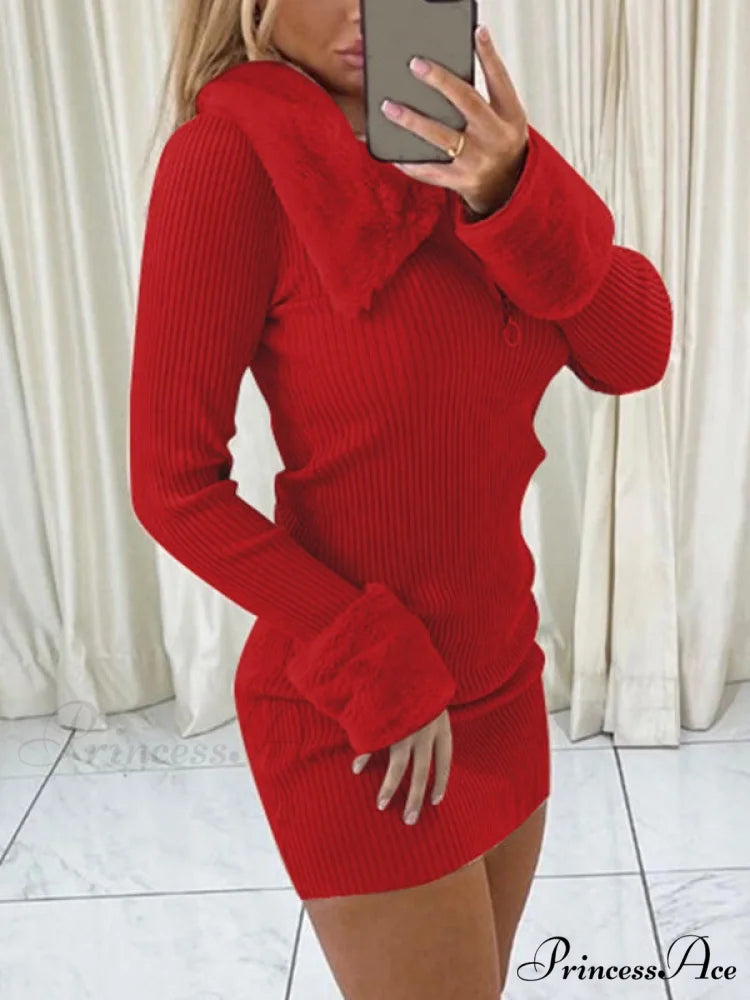 Faux Fur Trim Rib Modern Knit Long Sleeve Mini Dress