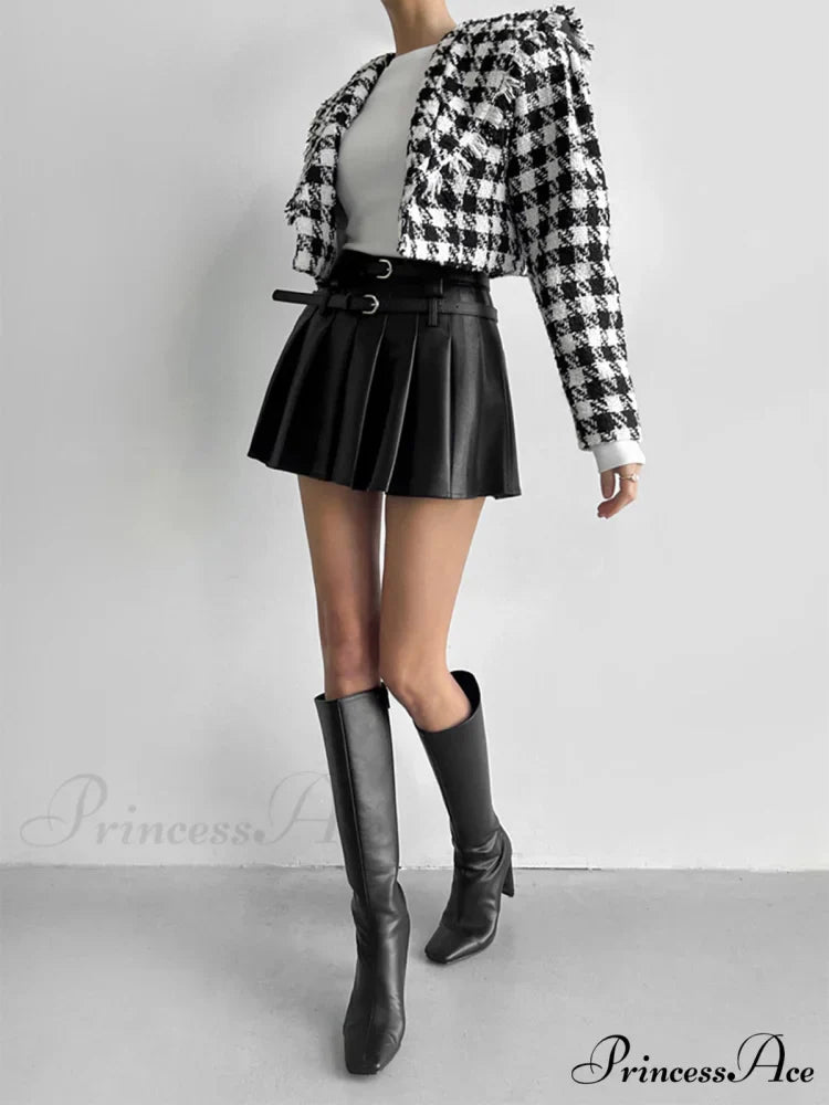 Faux Leather Belt Trendy Pleated Short Skirt
