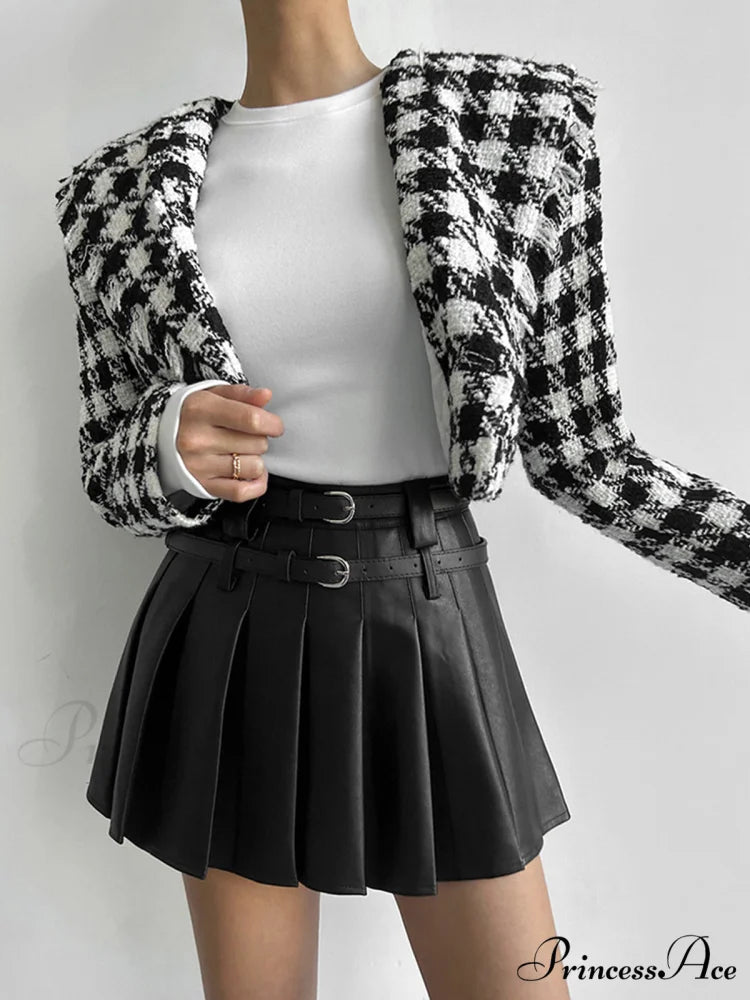 Faux Leather Belt Trendy Pleated Short Skirt