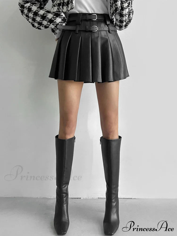 Faux Leather Belt Trendy Pleated Short Skirt