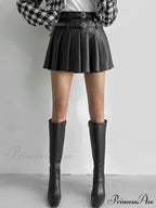 Faux Leather Belt Trendy Pleated Short Skirt