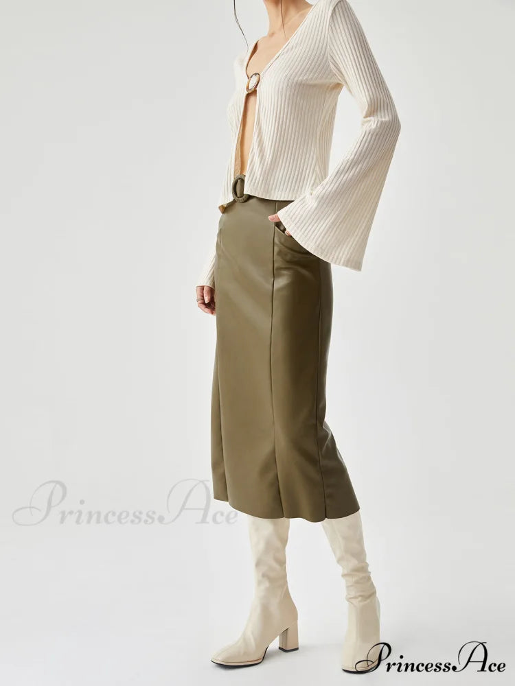 Faux Leather Belted Trendy Split Midi Skirt