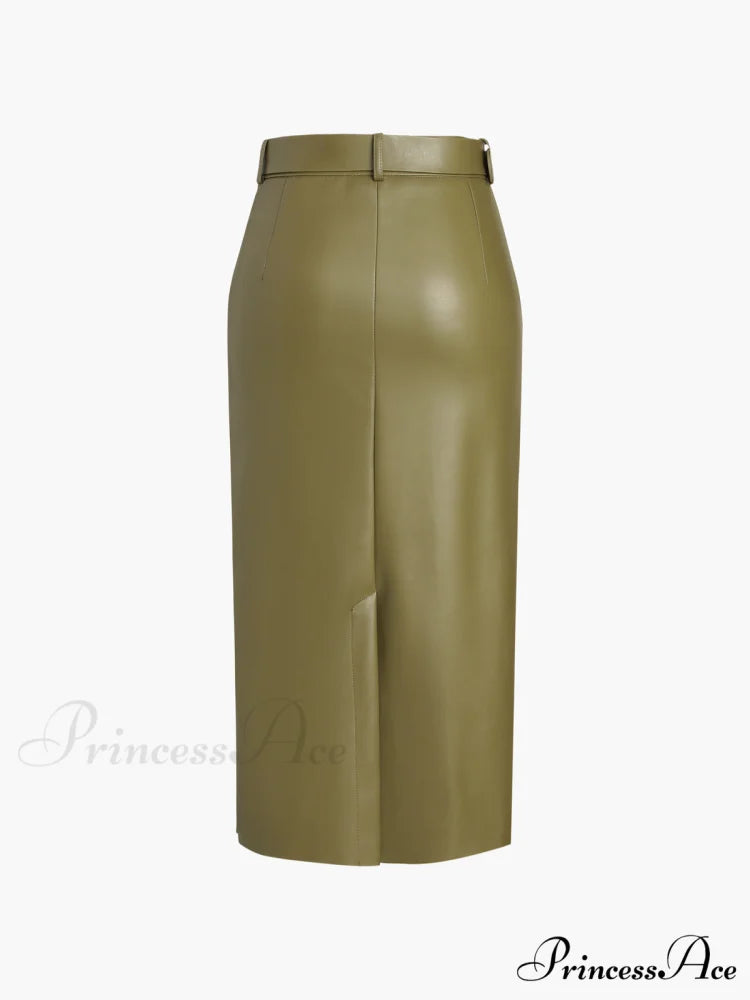 Faux Leather Belted Trendy Split Midi Skirt