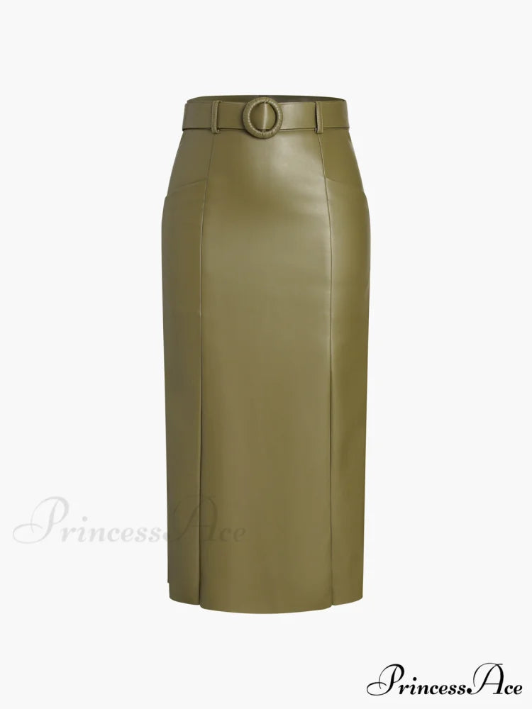 Faux Leather Belted Trendy Split Midi Skirt