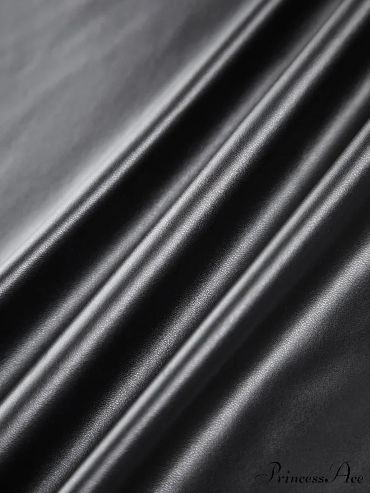 Faux Leather Ruched Trendy Slit Midi Skirt