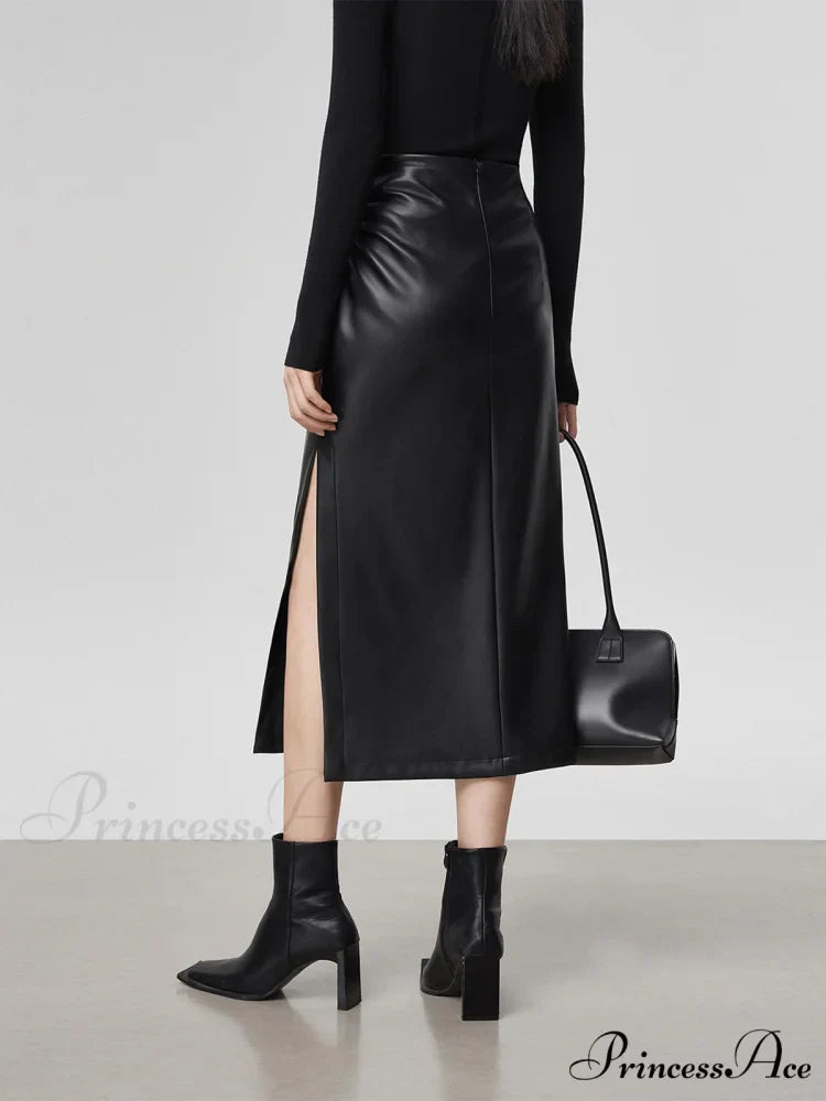 Faux Leather Ruched Trendy Slit Midi Skirt