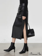 Faux Leather Ruched Trendy Slit Midi Skirt
