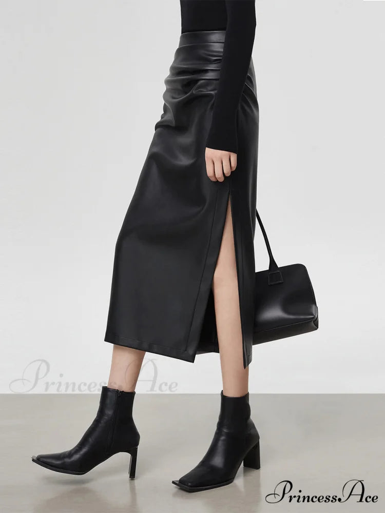 Faux Leather Ruched Trendy Slit Midi Skirt